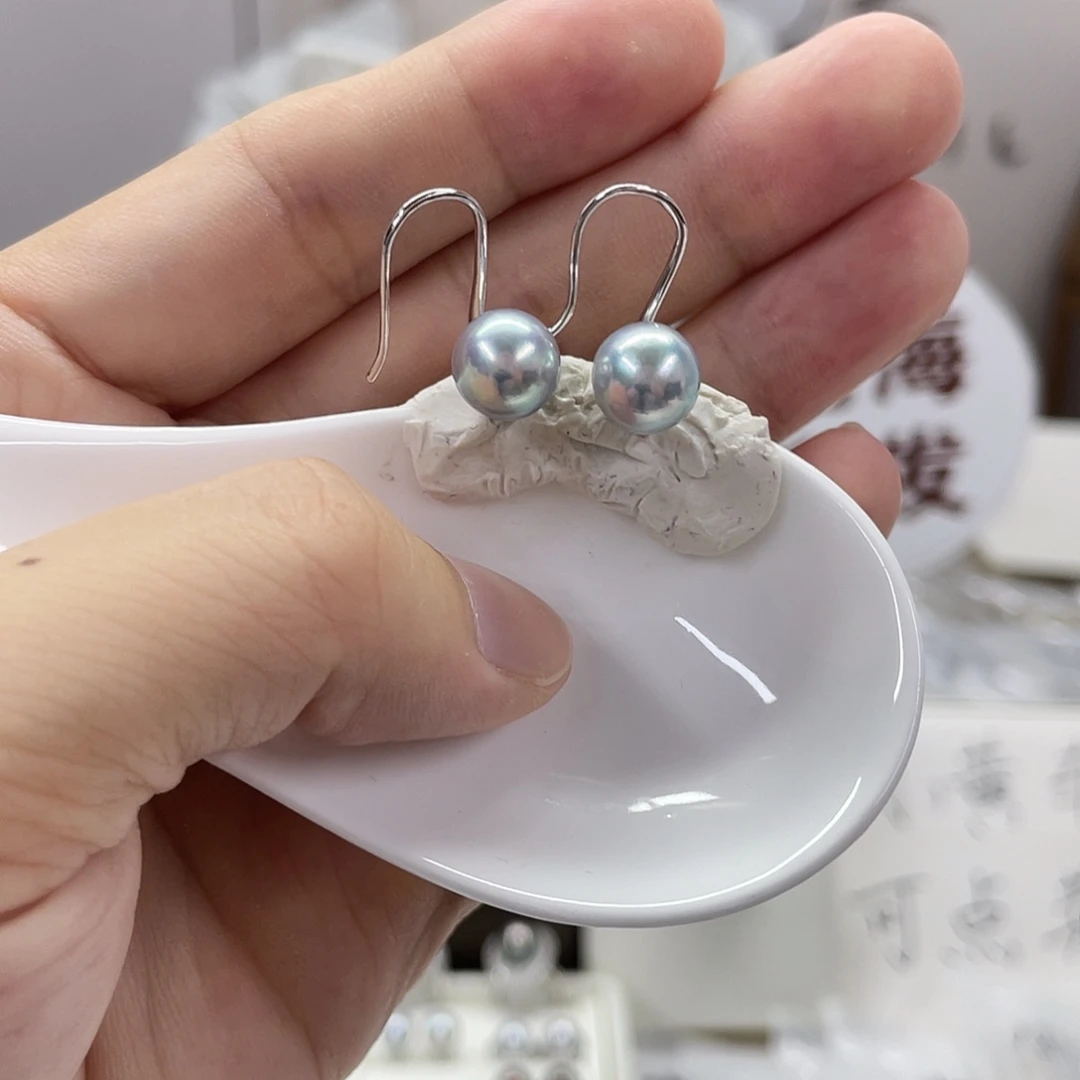 白***琳耳饰银S925镶嵌海水珍珠8-9mm