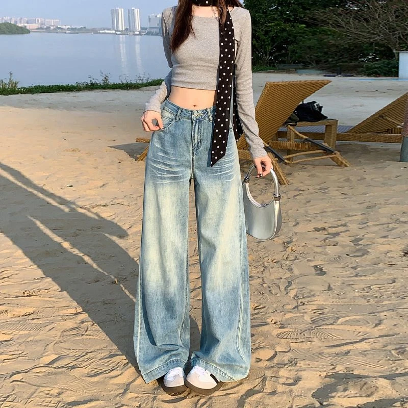 蓝色折痕做旧水洗春季拖地长裤宽松直筒阔腿牛仔裤