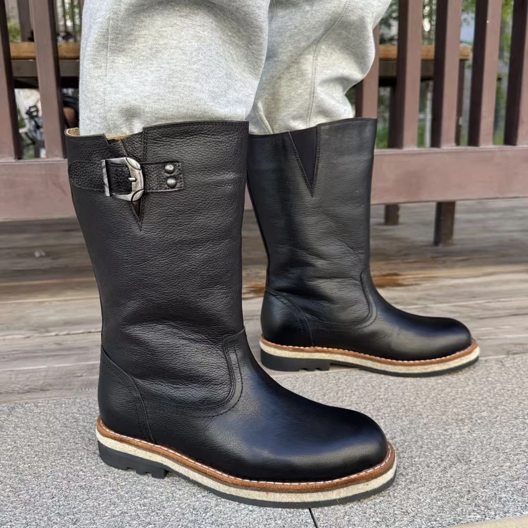 蒙古男士牛皮面内里羊皮毛一体毡子底民族风防滑耐磨皮靴骑马靴