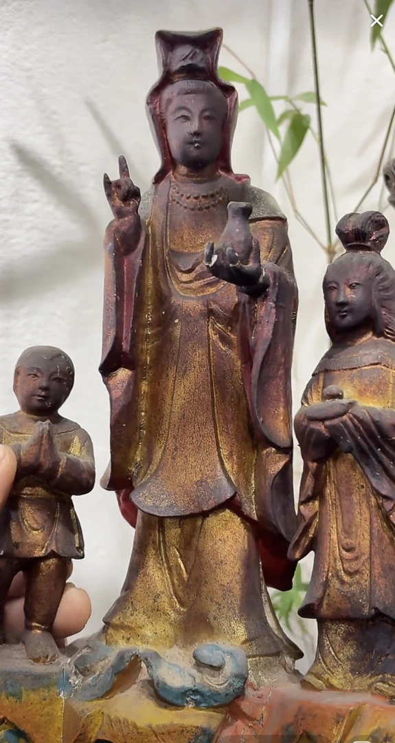 老木雕观音带童子