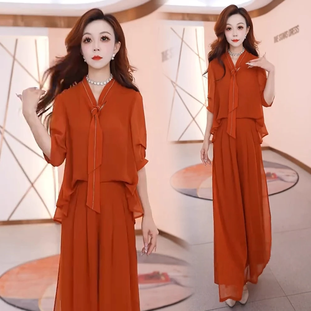 时尚领带套装女2025秋季新款洋气减龄百搭中袖上衣高腰裤裙两件套