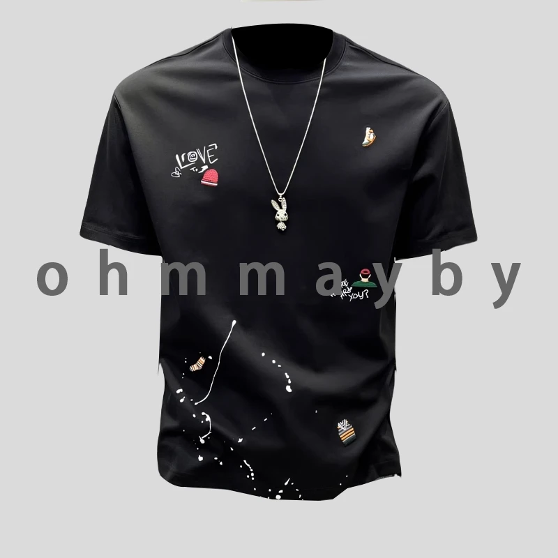 ohmmayby高端个性刺绣短袖t恤男潮牌潮流衣服夏新男士圆领半截袖