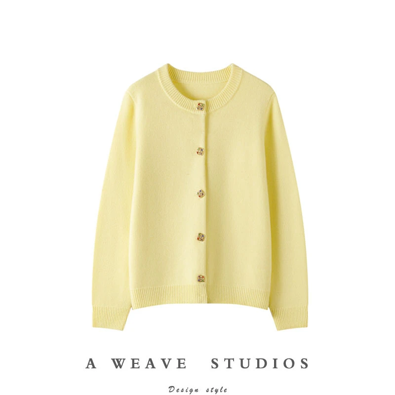 【100%羊绒】彩扣钻针织开衫外套女