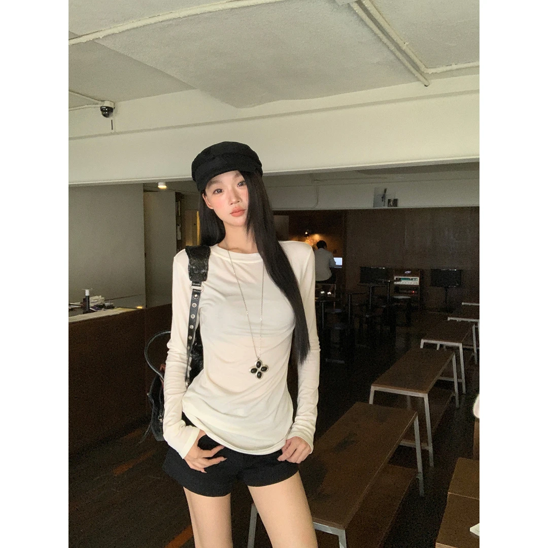 【长款白T】秋季小众简约时尚百搭圆领长袖修身T恤253U2571#