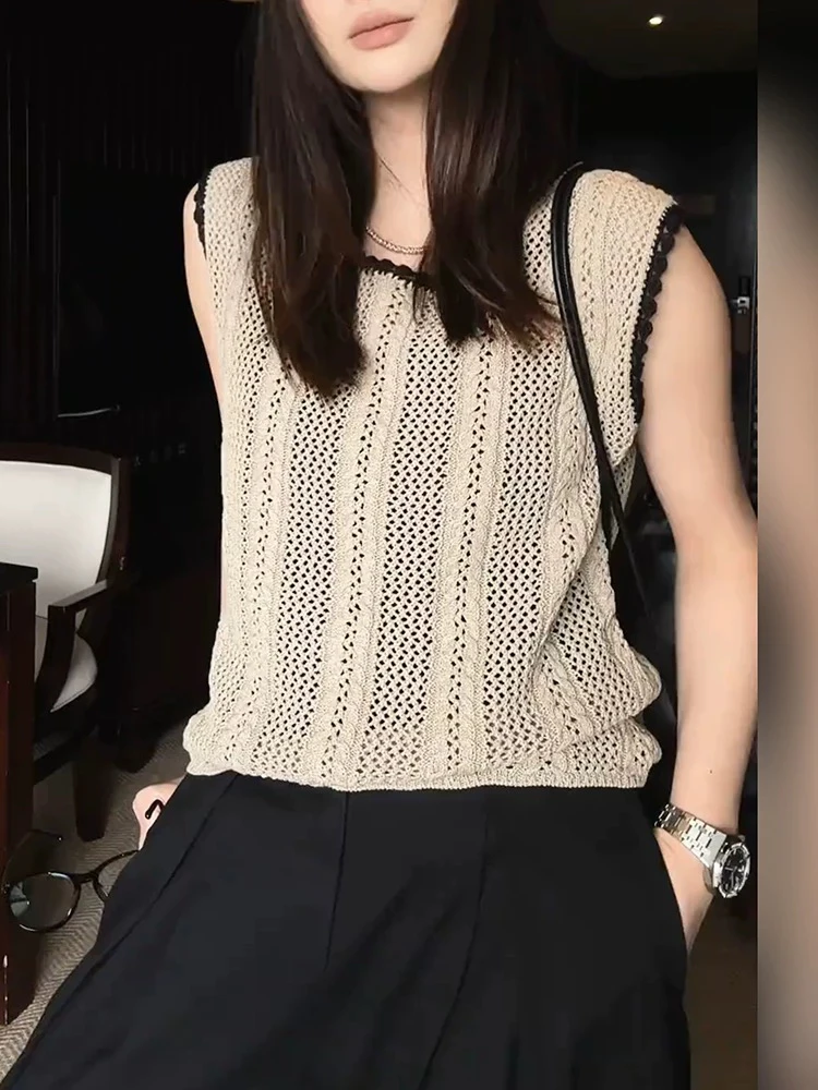 法式复古镂空针织无袖背心女夏季外穿高级感别致上衣2510