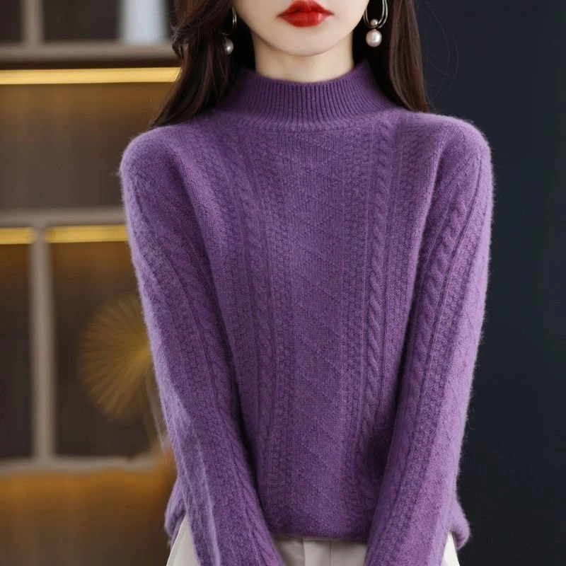 半高领纯精仿羊绒衫女纯色百搭厚秋冬韩版保暖宽松纺羊毛打底毛衣