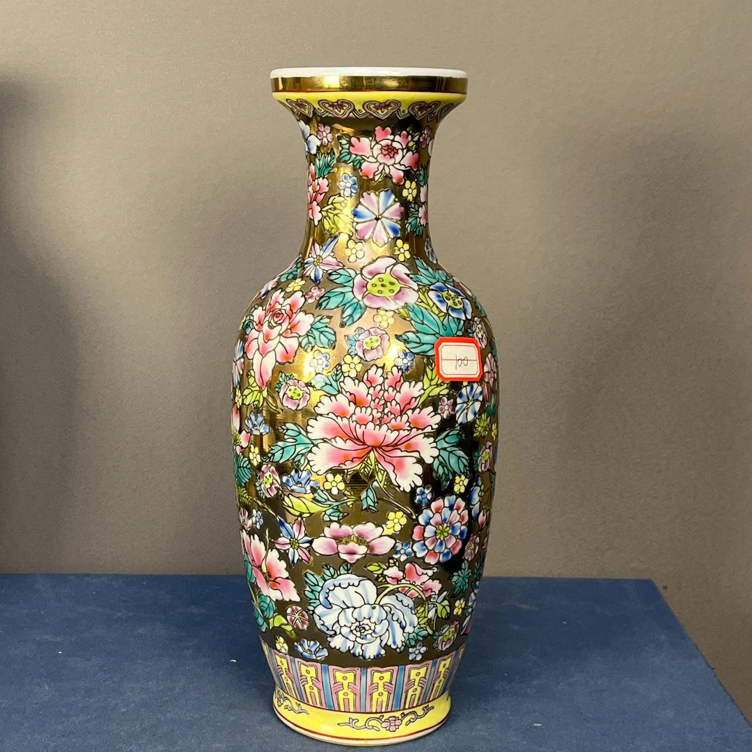 【微瑕慎拍】100景德镇老厂瓷金地万花赏瓶