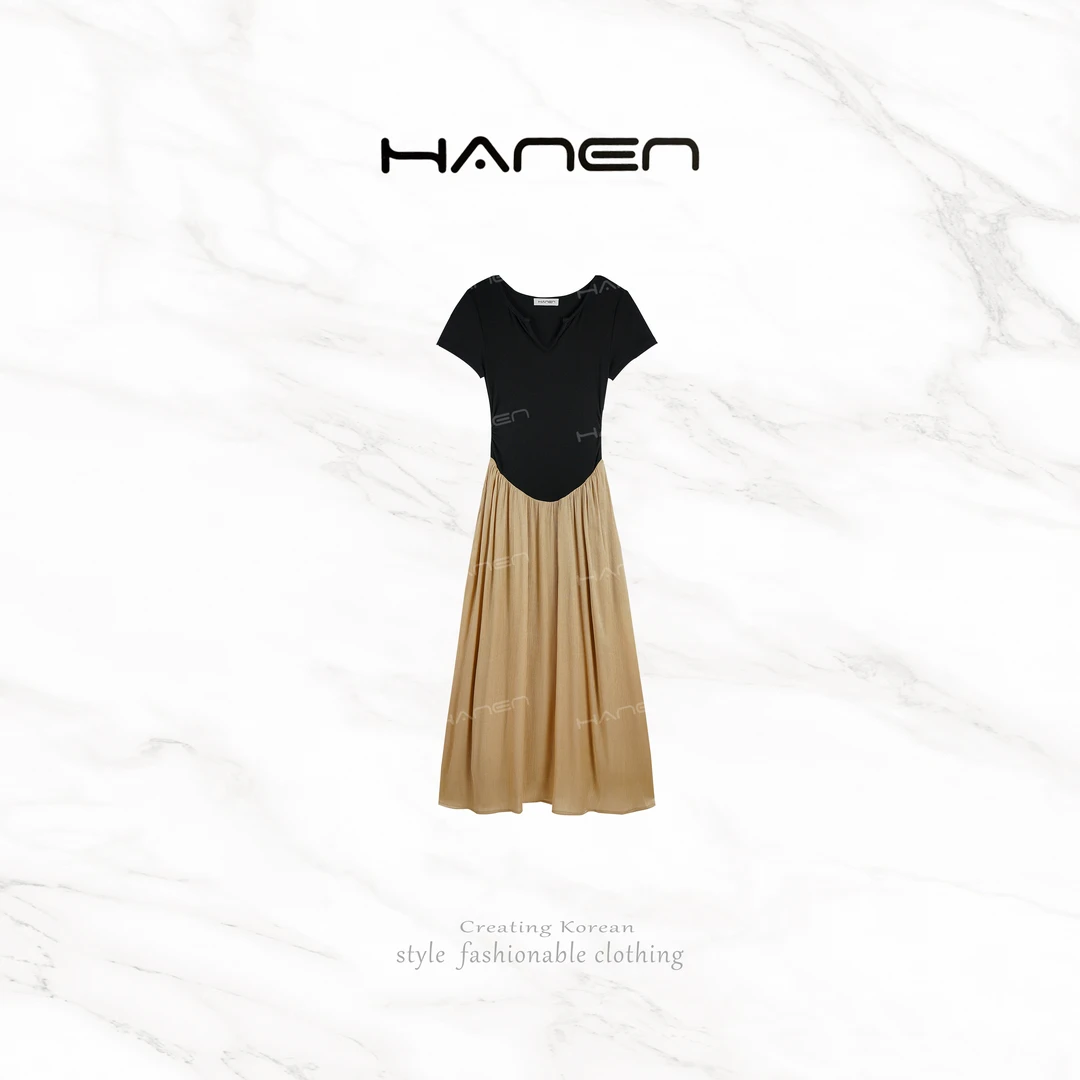 韩恩【QIANA】纸片裙 夏季收腰U领针织拼接连衣裙Qian295