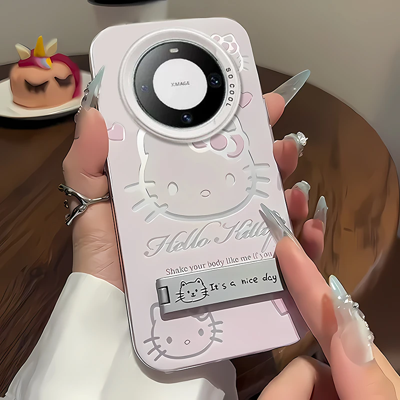 粉色凯蒂猫适用华为mate70pro+壳mate60彩银支架mate50e全包防摔m