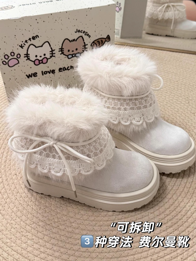 现货~厚底白色雪地靴女款2025加绒保暖雪地棉鞋费尔岛毛毛棉靴