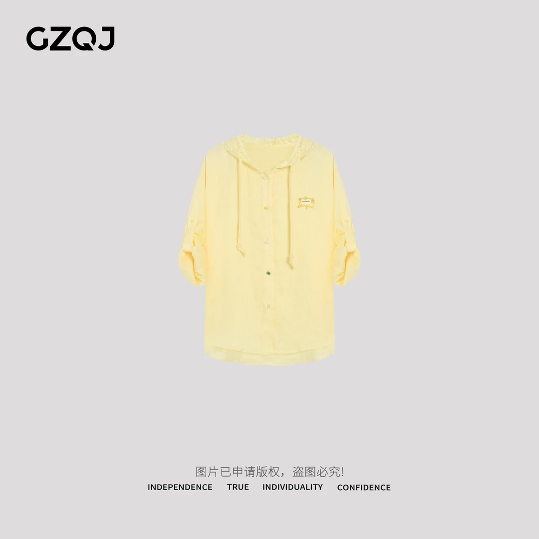 广州琴姐【小雏菊】欧若风100亚麻宽松蕾丝连帽长袖衬衫女防晒2288