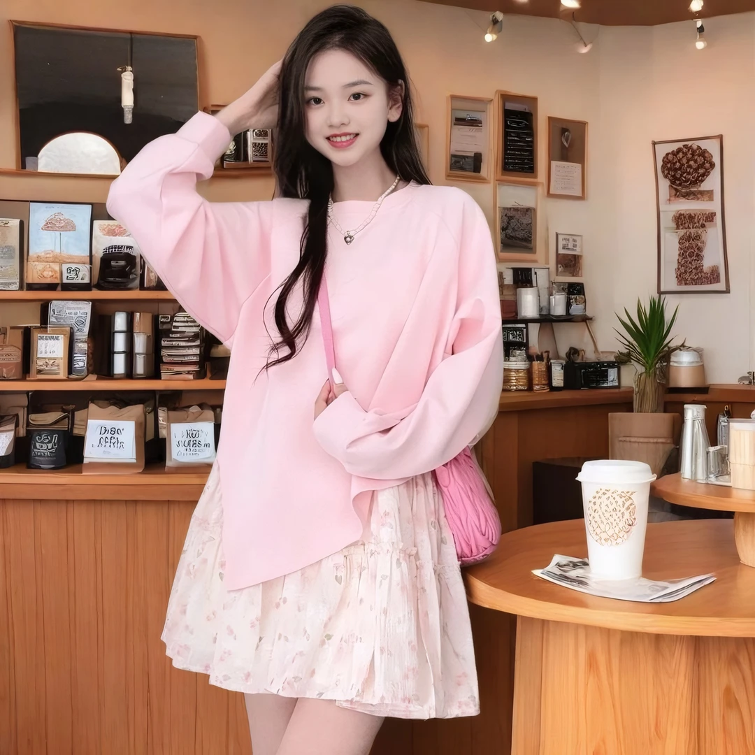 2025春季新款碎花短裙内拼接卫衣假两件休闲宽松圆领时尚连衣裙女