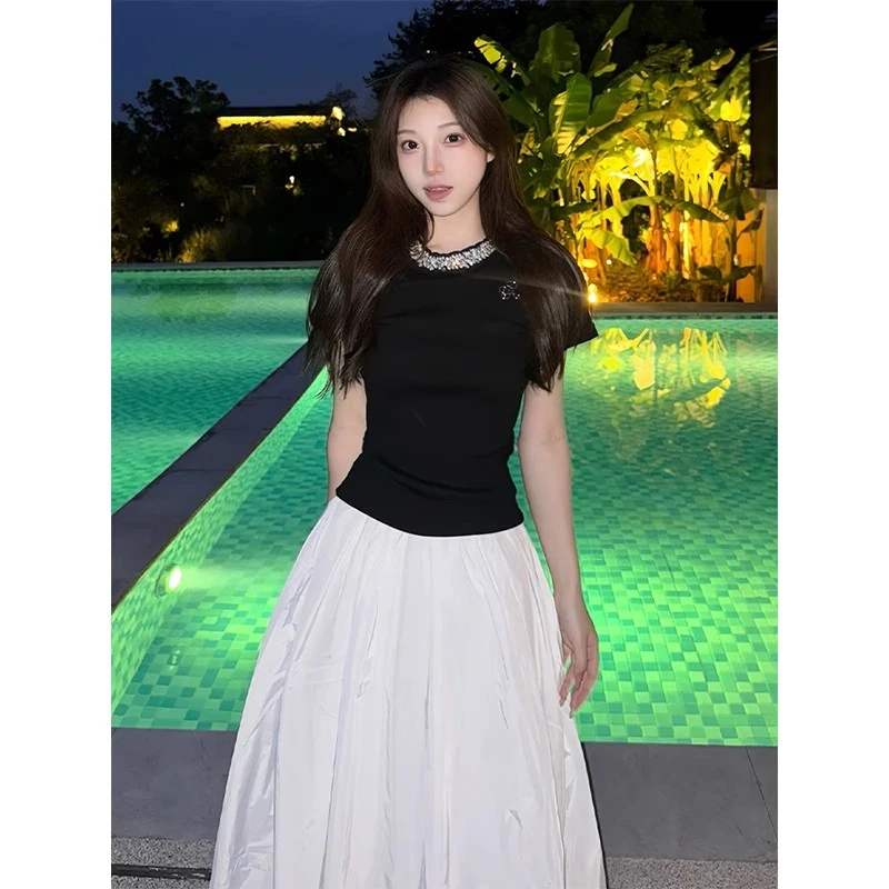 美式辣妹针织短袖女夏季设计感领口镶钻正肩t恤修身显瘦短款上衣