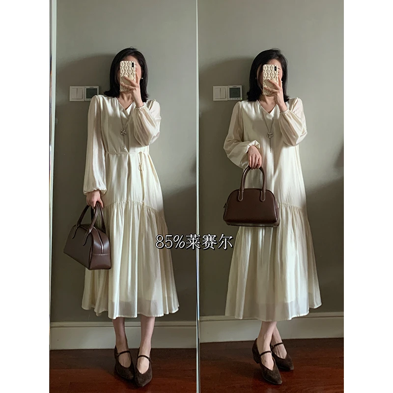 花总吖【半岛清晨】秋款气质宽松飘逸天丝连衣裙（含腰带）R425Q02908