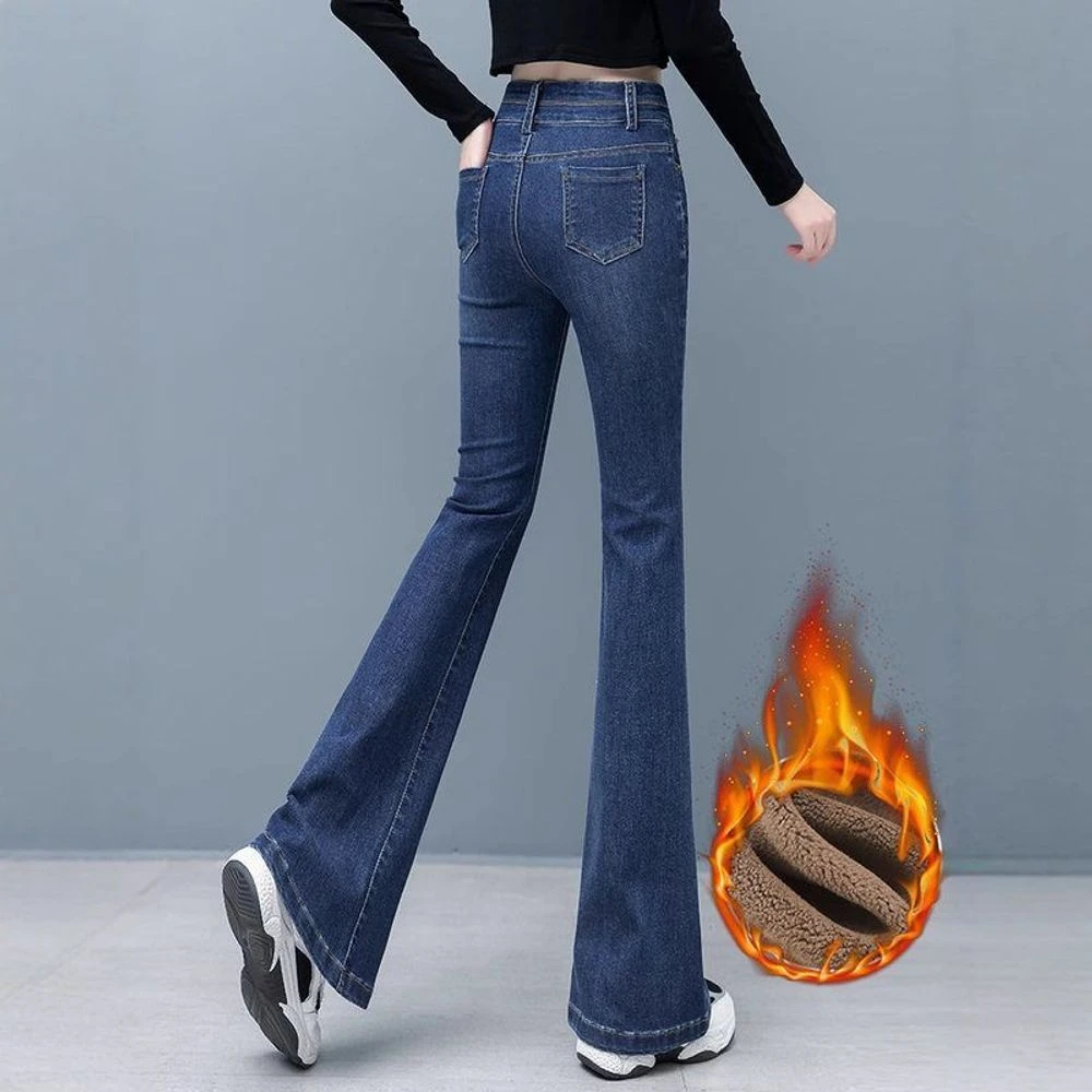 欧货高腰微喇叭牛仔裤女设计感秋冬显瘦2024小个子加绒裤子拖地