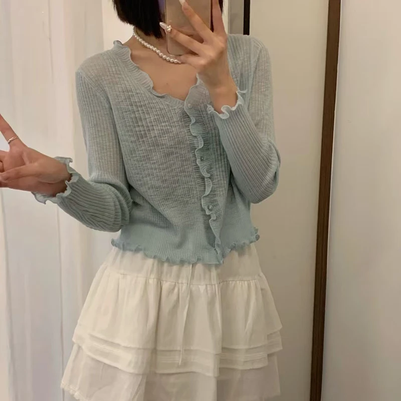 QY178里奈Conconvee2025新款韩版显瘦木耳边针织开衫显瘦防晒上衣