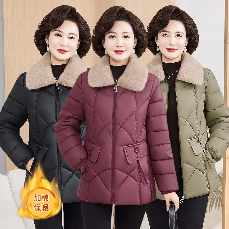 新款妈妈装棉衣中老年女装加绒气质棉服加厚外套 大码短款时尚