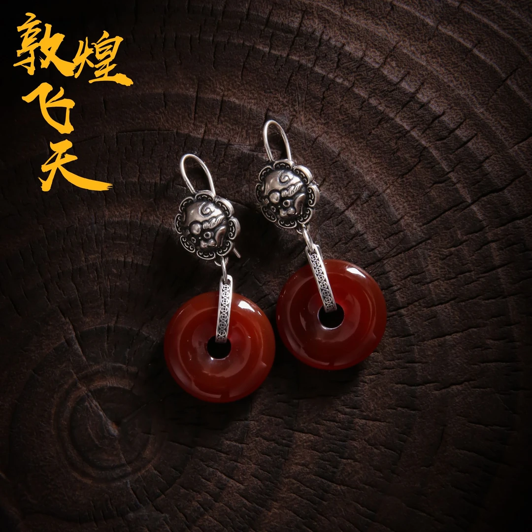 敦煌飞天 925银耳饰 E25573 平安扣兽头耳钩耳环小众设计感精致