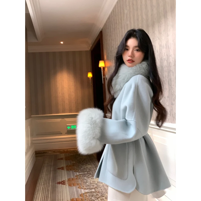 【冰雪精灵】2025新款秋冬高端狐狸毛领外套双面羊毛大衣网红女毛呢