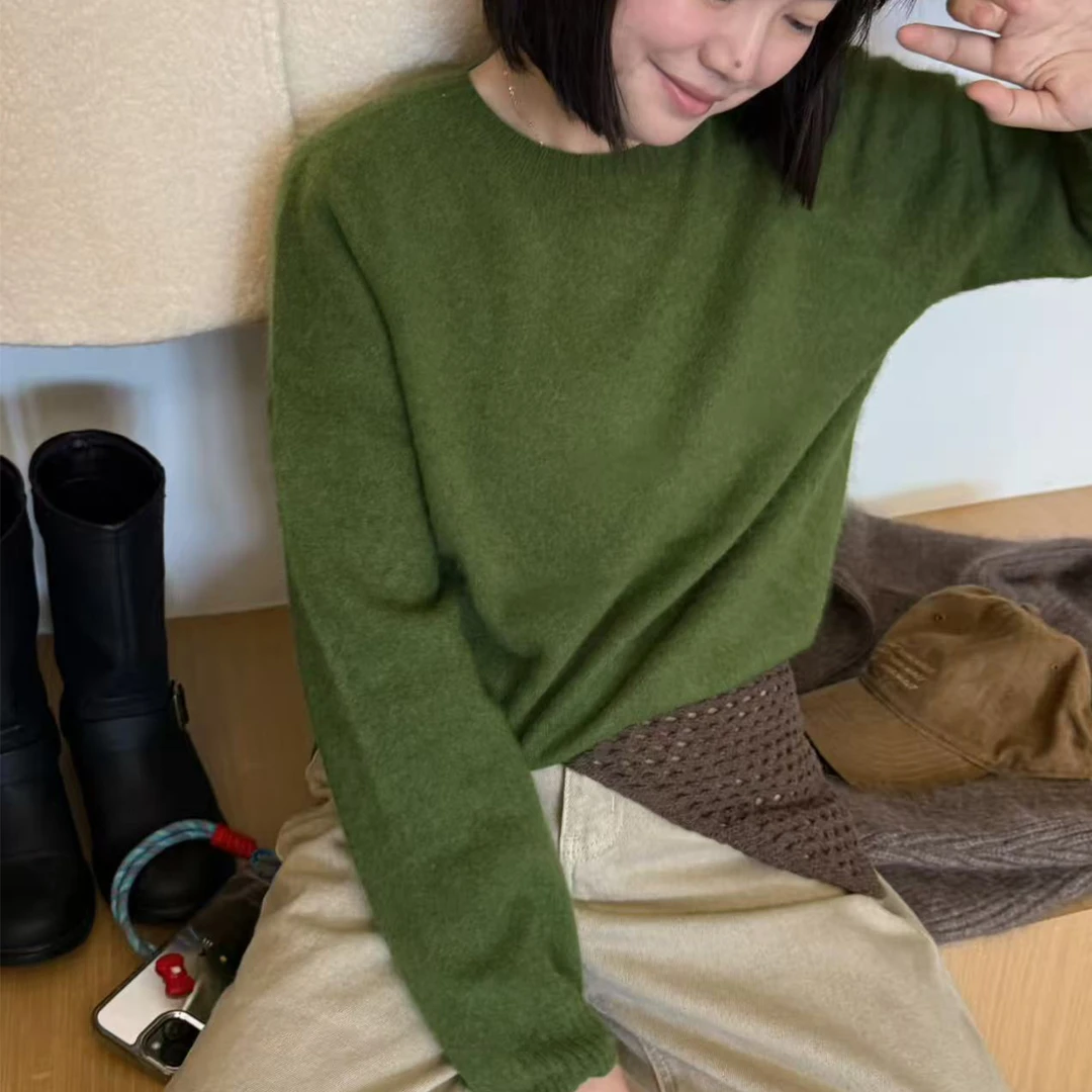 TOTHEND独家定制色100羊毛慵懒复古松绿色针织毛衣