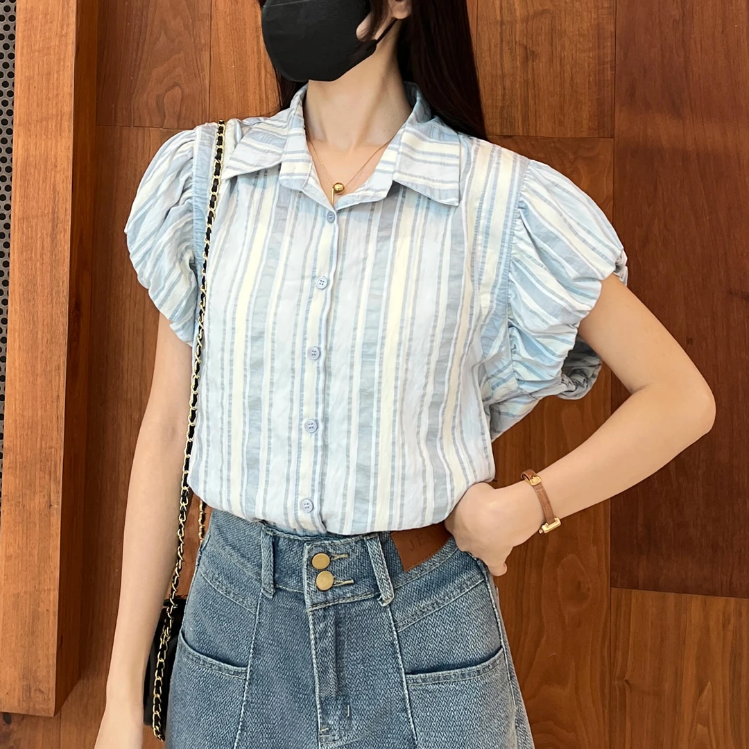 7073 GY飞飞袖蓝白条衬衫条纹韩版衬衣宽松百搭上衣