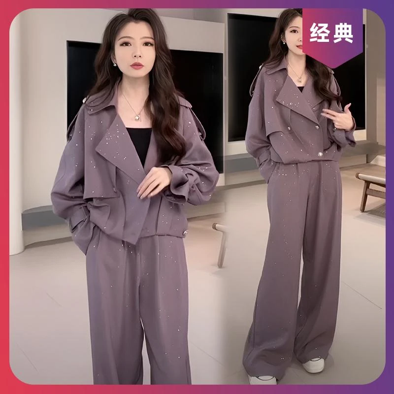 高级感时髦一整套女春秋气质重工烫钻风衣外套高腰阔腿长裤两件套