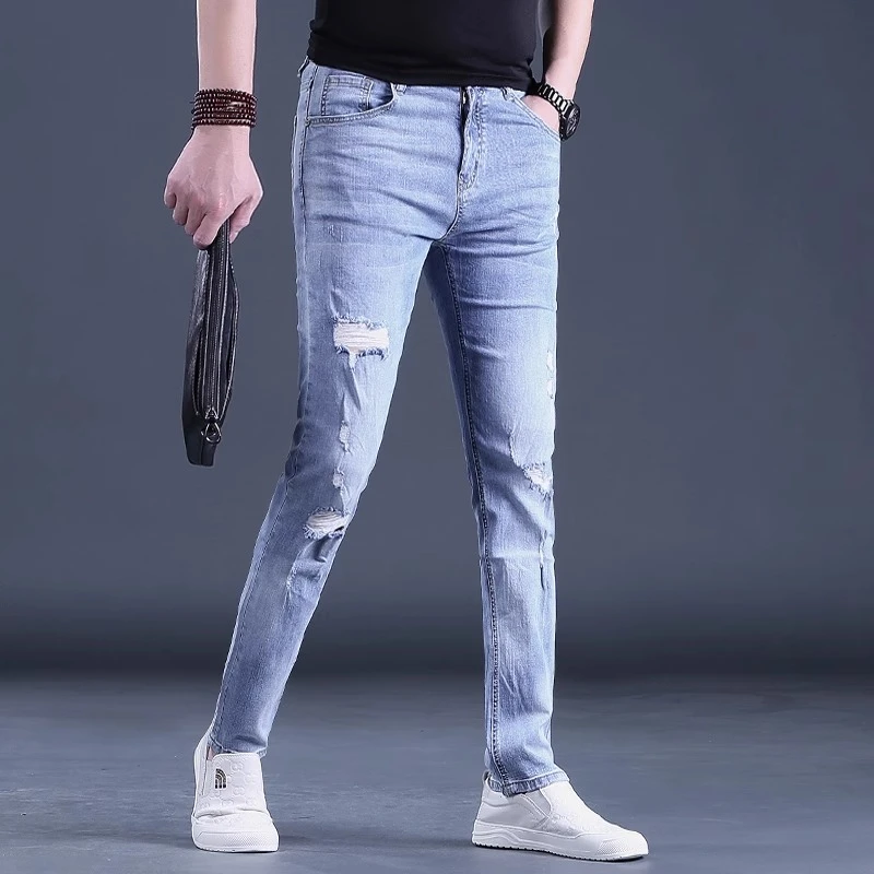 One What牛仔裤男士破洞2025春夏上新韩版潮流休闲长裤子夏季男裤