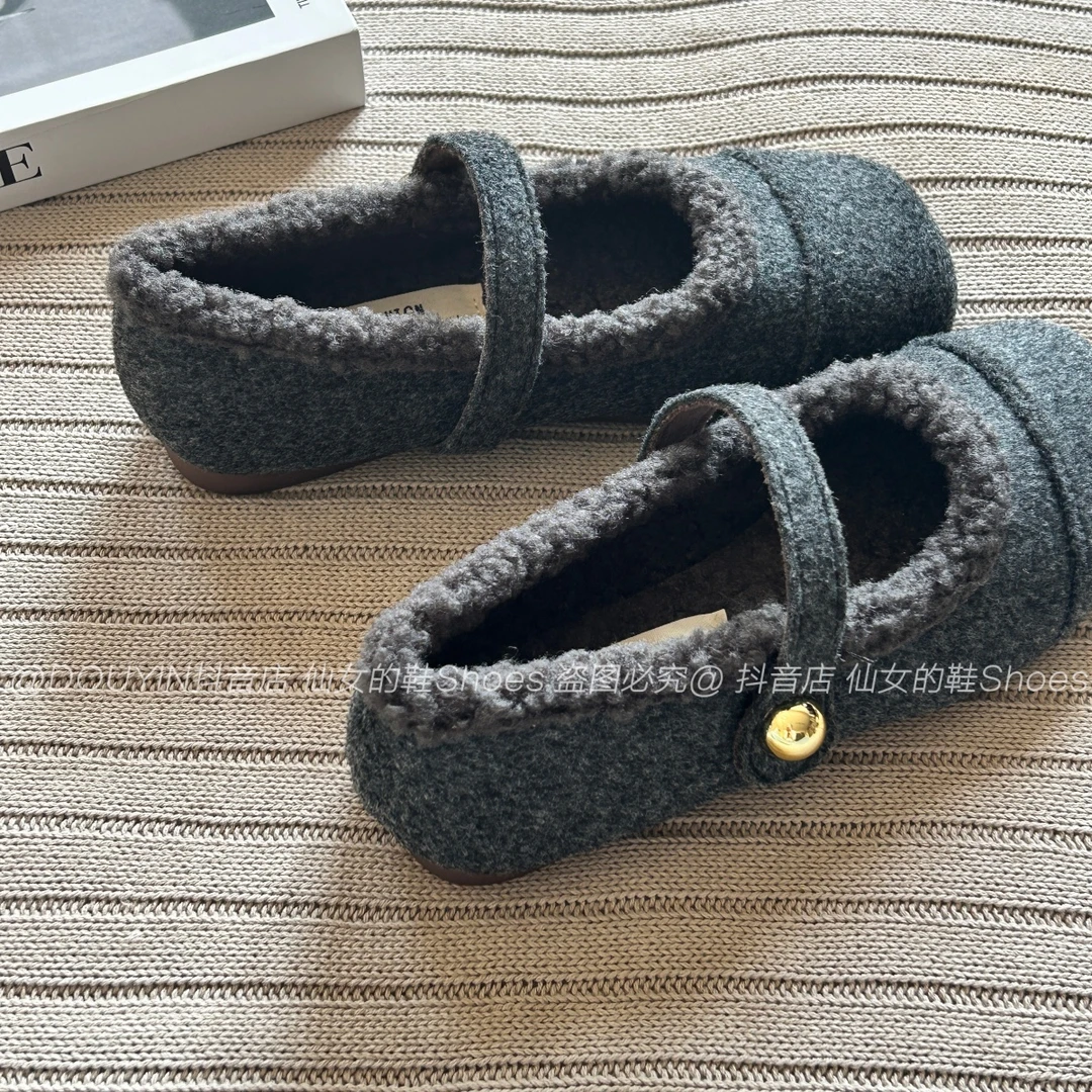 冰川灰~法式方头复古毛呢玛丽珍鞋女韩版温柔加绒保暖棉鞋毛毛鞋