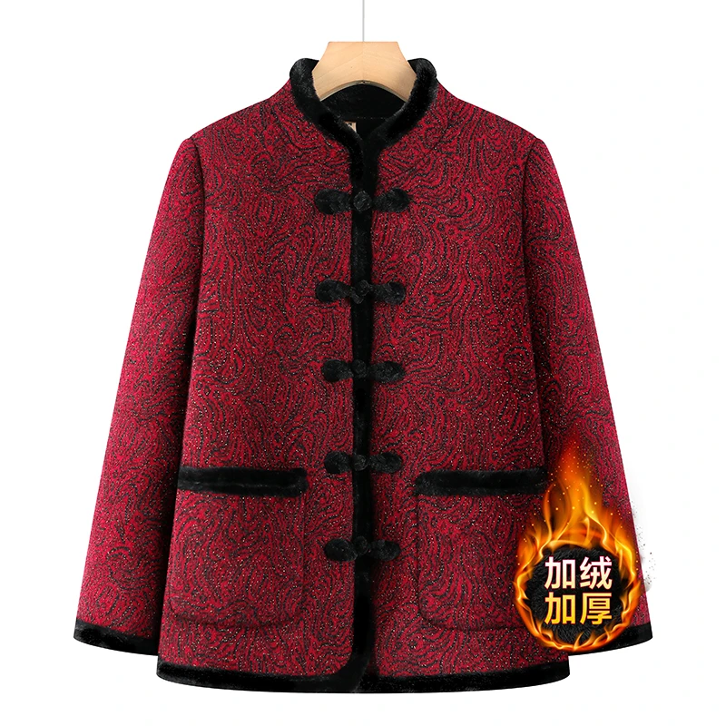 妈妈装秋冬装民族风加绒保暖外套新中老年女装民族风盘扣棉服外套