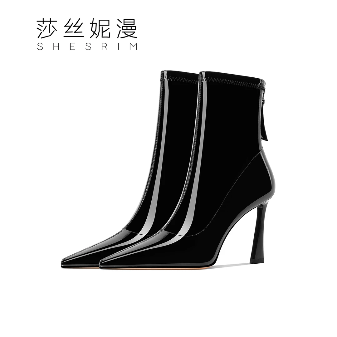 S362-S363-高跟短靴女2024年漆皮细跟中筒瘦瘦靴尖头弹力袜靴女