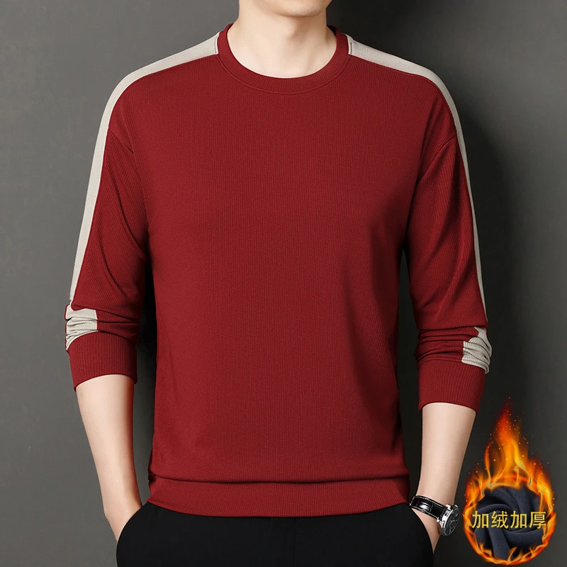 2024冬季新款加绒加厚男士潮流拼接卫衣长袖圆领休闲打底上衣男装