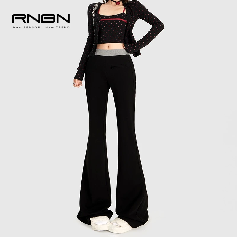 RNBN复古辣妹弹力喇叭裤女新款修身显瘦休闲裤拼接设计感长裤子