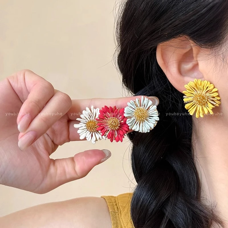 波西米亚风黄色太阳花耳环女2025春夏新款时尚拍照耳饰
