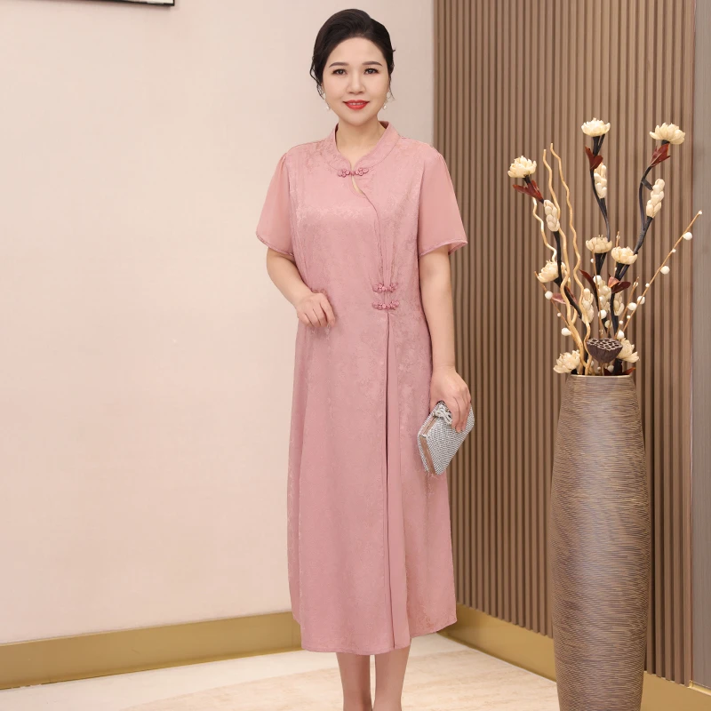 洋气妈妈夏装连衣裙仿旗袍改良款中式大码显瘦遮肚中老年女装裙子