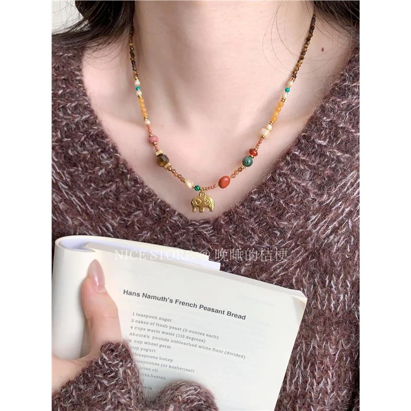 合金项链 晚睡的桔梗「未央镜」串珠美拉德大象项链设计感锁骨链女