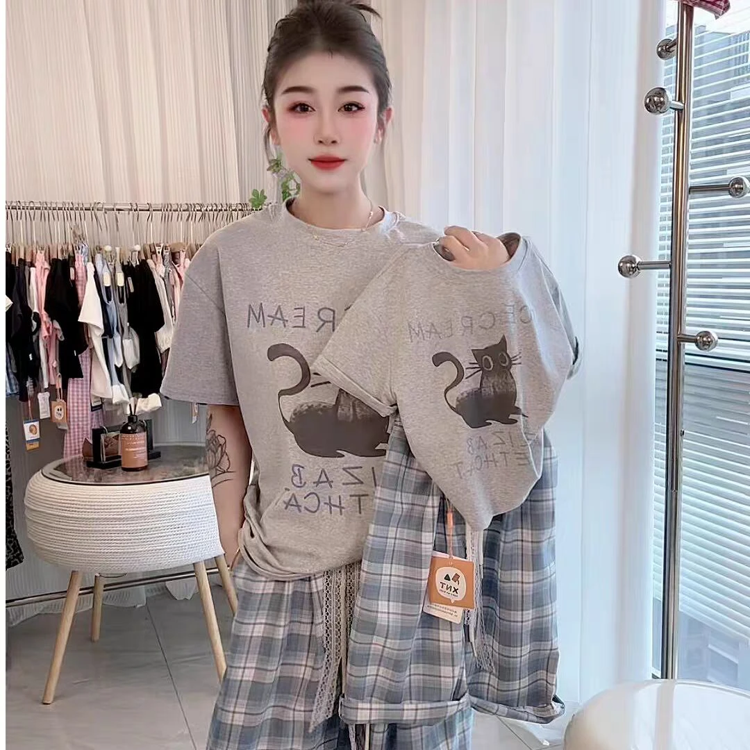 女童中大童夏季套装2025韩版小猫短袖上衣格子阔腿裤薄款俩件套