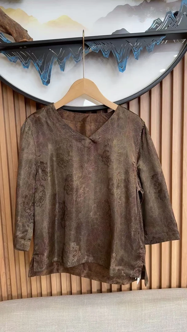 4303七分袖上衣V领常规款九分袖新中式提花时尚圆领复古斜襟百搭