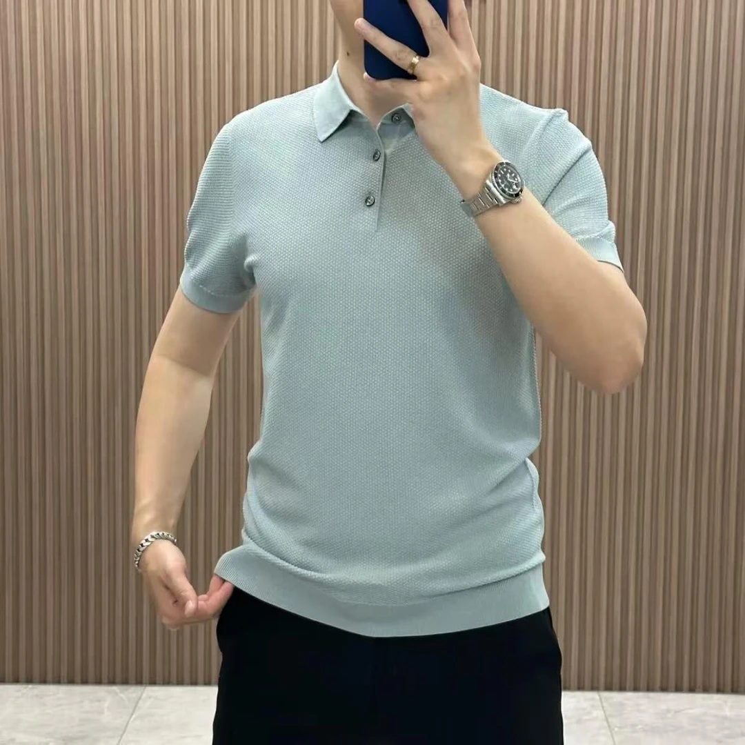 新款夏季新款简约纯色翻领POLO衫男高端商务针织菠萝纹短袖薄款男