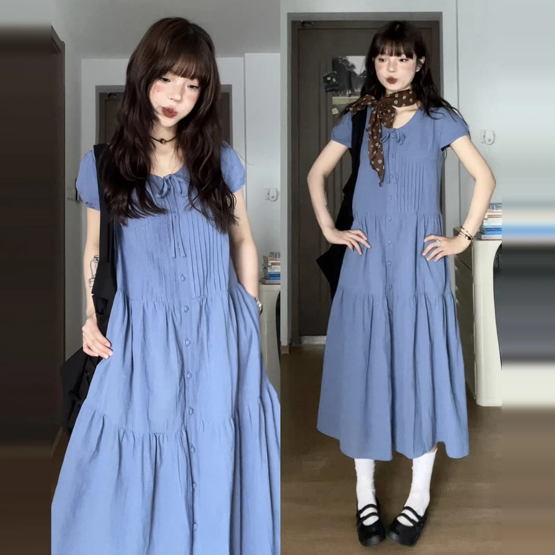 蓝色泡泡袖连衣裙子女2025夏季新款高级感独特别致绝美中长裙5721