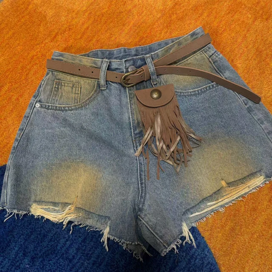 甜酷晕染流苏腰带牛仔短裤