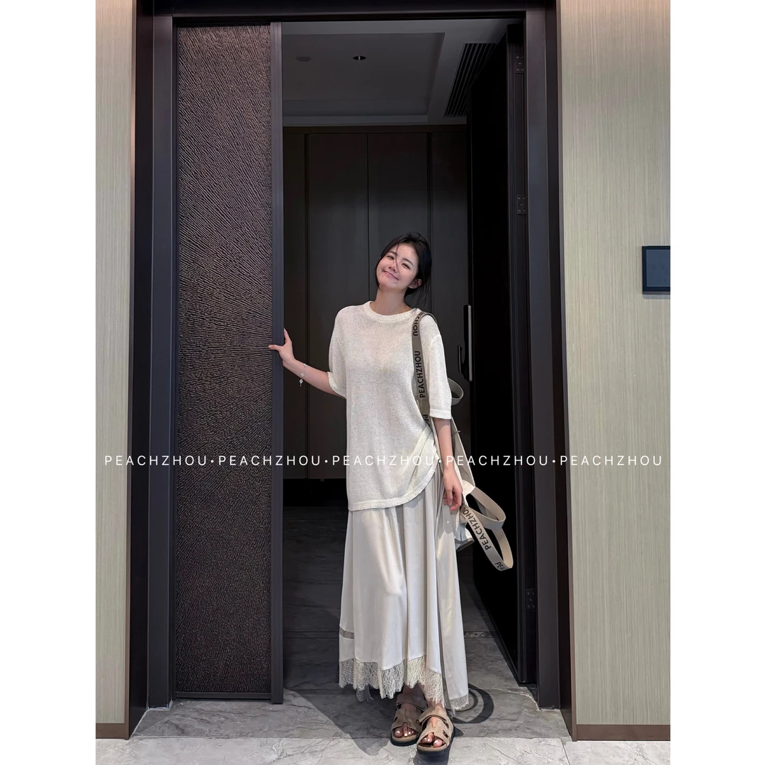 『PEACHZHOU』莱赛尔针织镂空Row风宽松圆领短袖极简休闲凉感罩衫女