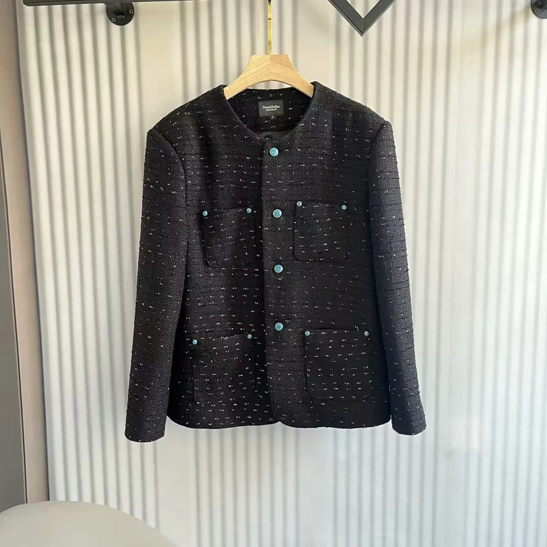 白敬亭同款黑色绿松石廓形小香风短款夹克 无领休闲高级感外套潮