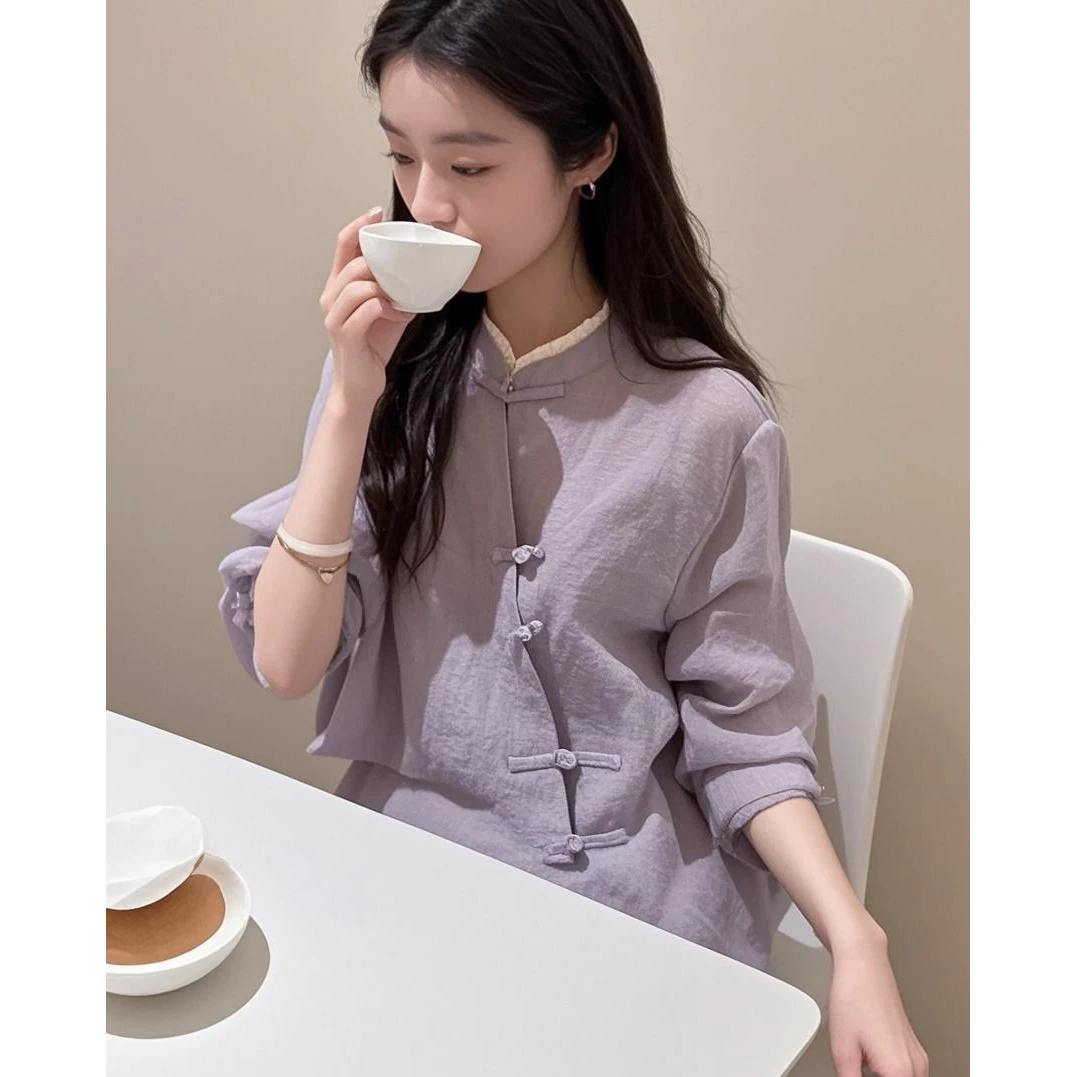 新中式轻国风香芋紫盘扣立领衬衫高级小众不撞款上衣2025春季