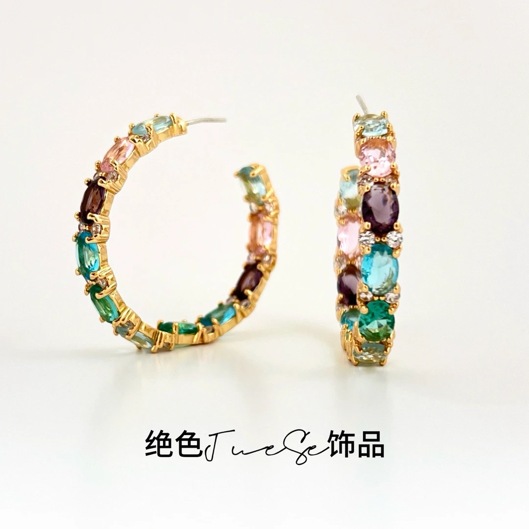 铜合金耳饰 ins个性夸张彩色宝石耳环高级感小众轻奢大圆圈耳饰