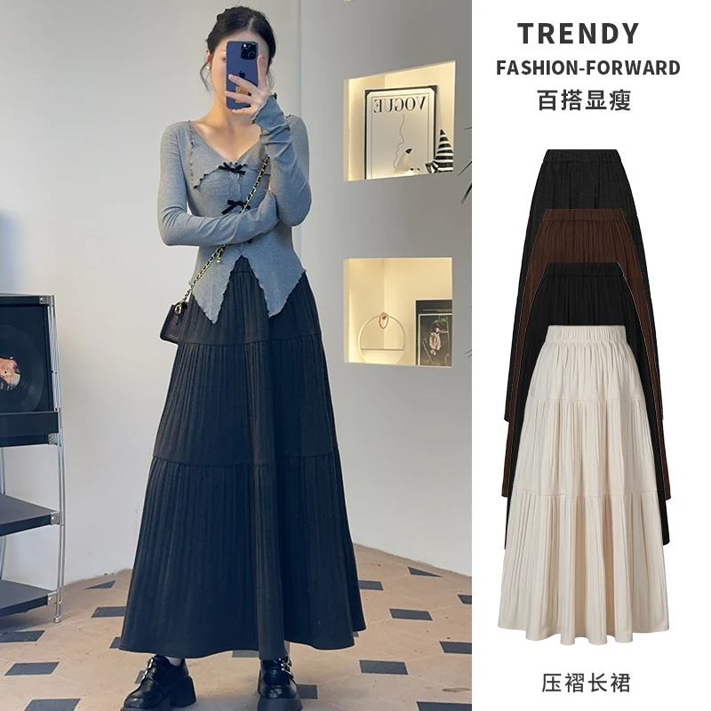 A字裙长裙高腰意式百褶裙半身裙春秋套装显瘦裙子