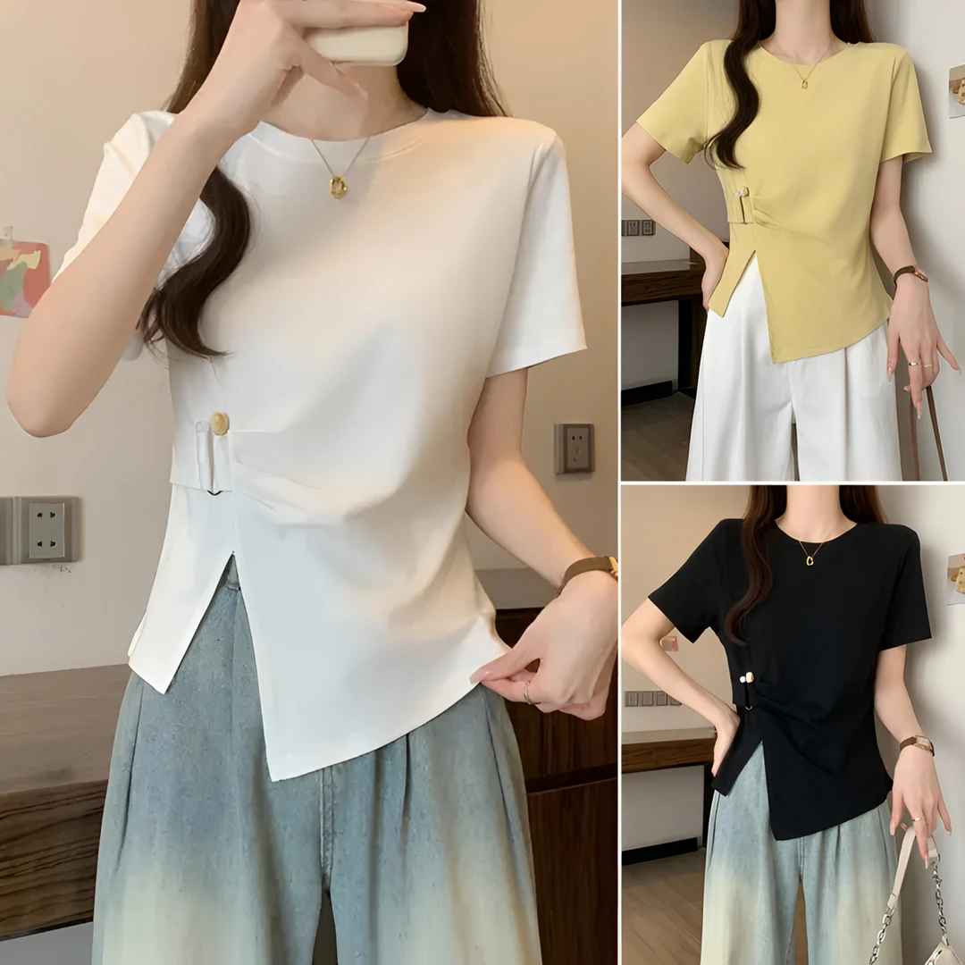 夏季法式减龄圆领T恤女修身显瘦开叉不规则半袖设计感上衣2517