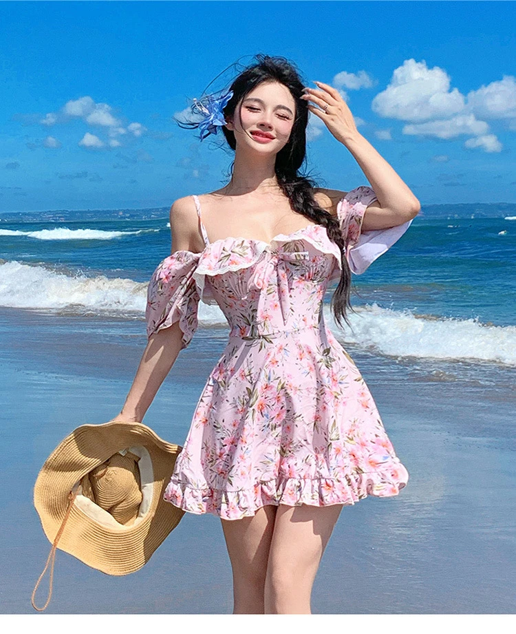 女士连体泳衣法式气质辣妹碎花抹胸修身显瘦遮肉大码泳衣钢圈聚拢