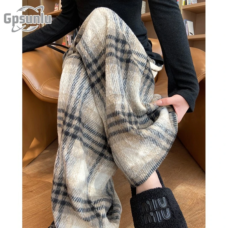 gpsunlu加厚格子裤女冬季新款复古黑白格阔腿宽松慵懒休闲直筒裤