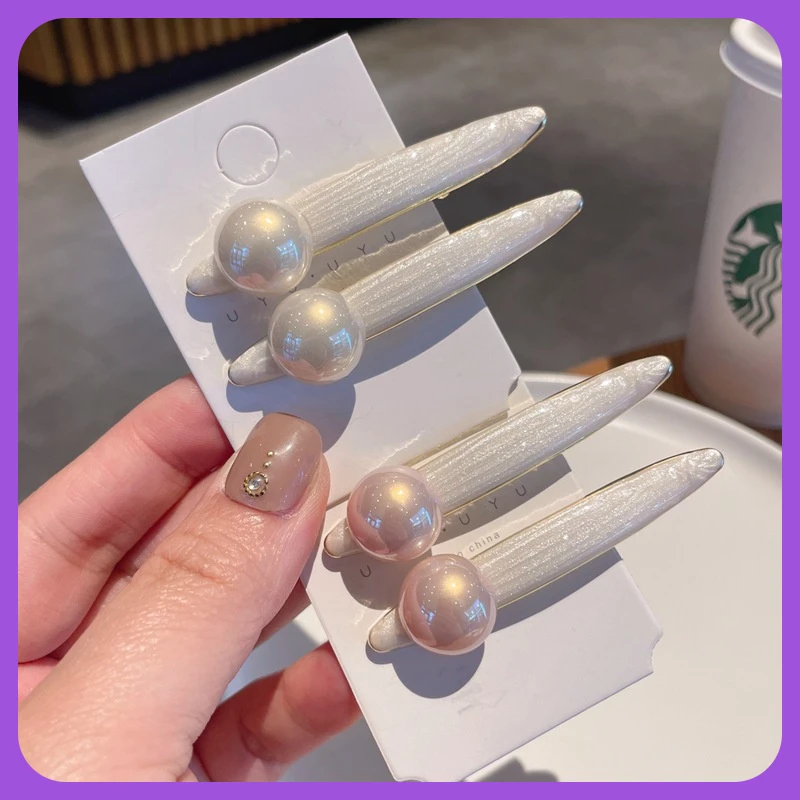 气质甜美珍珠合金一字夹百搭幻彩侧边小香风刘海发饰鸭嘴BB夹