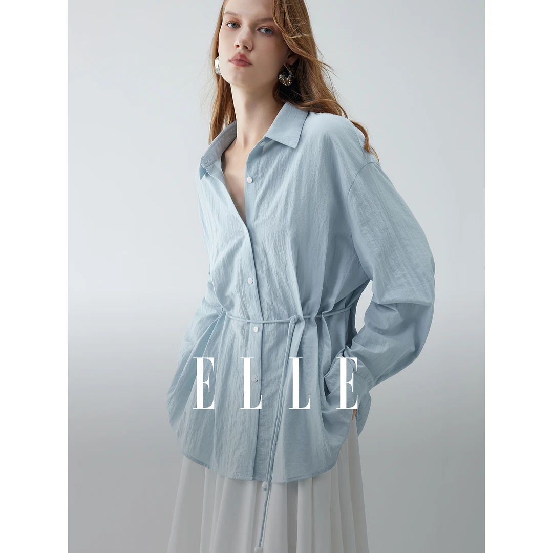 ELLE女装法式褶皱感抽绳衬衫2025秋季新款翻领设计感宽松EC52155